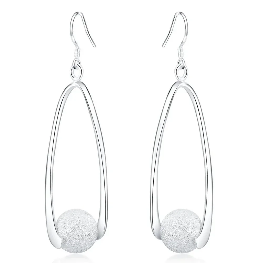 Beautiful Frosted Bead Hanging Earrings .925 Sterling Silver " Hypoallergenic " - Picture 5 of 6